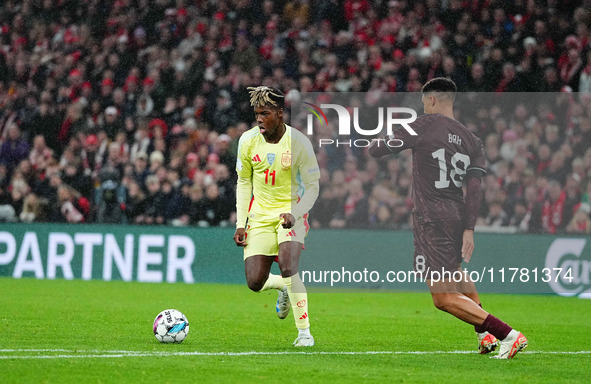 Nico Williams of Spain  controls the ball during the Nations League Round 5 match between Denmark against Spain at Parken, Copenhagen, Denma...