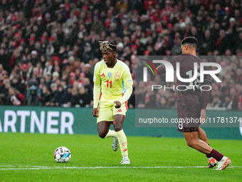 Nico Williams of Spain  controls the ball during the Nations League Round 5 match between Denmark against Spain at Parken, Copenhagen, Denma...