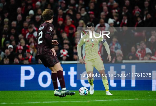 Alvaro Morata of Spain  controls the ball during the Nations League Round 5 match between Denmark against Spain at Parken, Copenhagen, Denma...