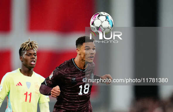 Alexander Bah of Denmark  heads during the Nations League Round 5 match between Denmark against Spain at Parken, Copenhagen, Denmark on Nove...