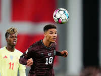 Alexander Bah of Denmark  heads during the Nations League Round 5 match between Denmark against Spain at Parken, Copenhagen, Denmark on Nove...