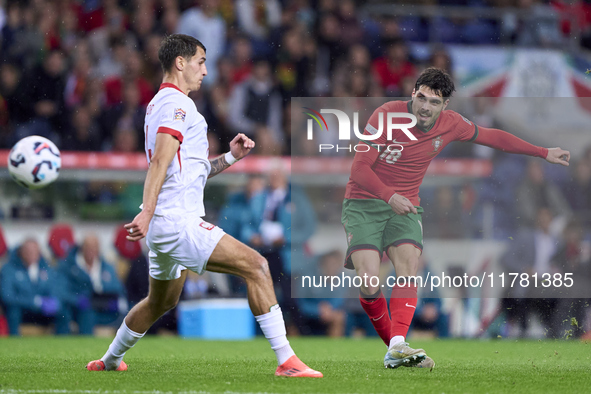 Pedro Neto of Portugal shoots on goal during the UEFA Nations League 2024/25 League A Group A1 match between Portugal and Poland at Estadio...