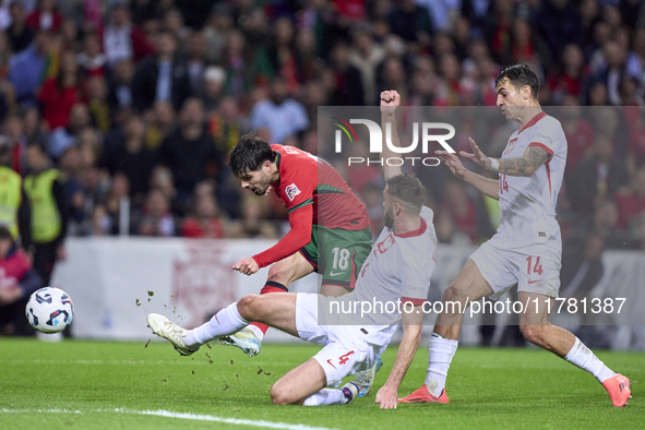 Pedro Neto of Portugal shoots on goal and scores his team's fourth goal during the UEFA Nations League 2024/25 League A Group A1 match betwe...