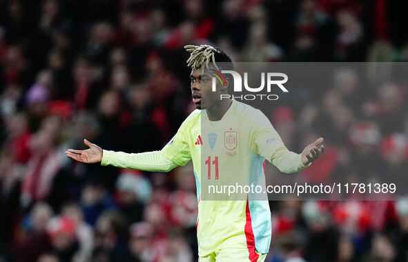 Nico Williams of Spain  gestures during the Nations League Round 5 match between Denmark against Spain at Parken, Copenhagen, Denmark on Nov...