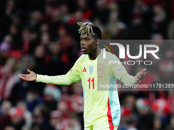 Nico Williams of Spain  gestures during the Nations League Round 5 match between Denmark against Spain at Parken, Copenhagen, Denmark on Nov...