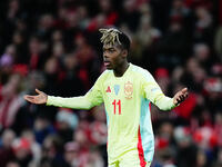 Nico Williams of Spain  gestures during the Nations League Round 5 match between Denmark against Spain at Parken, Copenhagen, Denmark on Nov...