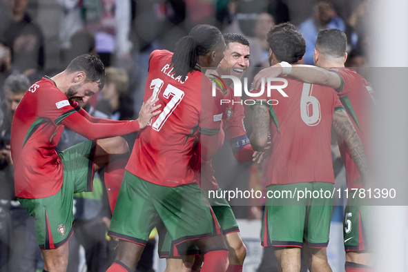 Cristiano Ronaldo of Portugal celebrates after Pedro Neto scores their side's fourth goal during the UEFA Nations League 2024/25 League A Gr...