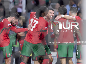 Cristiano Ronaldo of Portugal celebrates after Pedro Neto scores their side's fourth goal during the UEFA Nations League 2024/25 League A Gr...