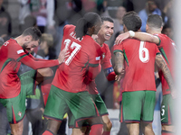 Cristiano Ronaldo of Portugal celebrates after Pedro Neto scores their side's fourth goal during the UEFA Nations League 2024/25 League A Gr...