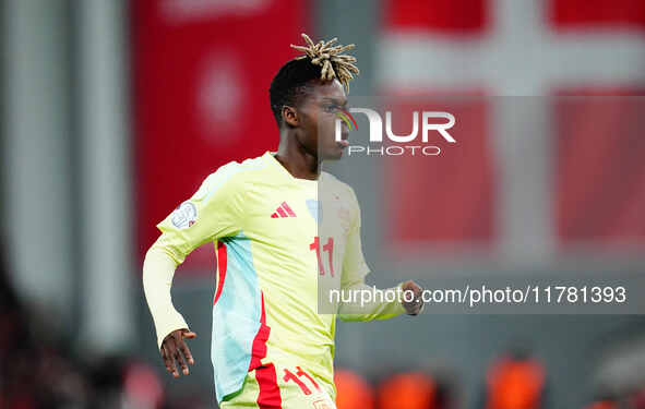 Nico Williams of Spain  looks on during the Nations League Round 5 match between Denmark against Spain at Parken, Copenhagen, Denmark on Nov...