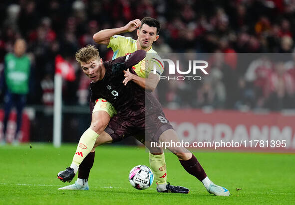 Rasmus Hoejlund of Denmark  controls the ball during the Nations League Round 5 match between Denmark against Spain at Parken, Copenhagen, D...