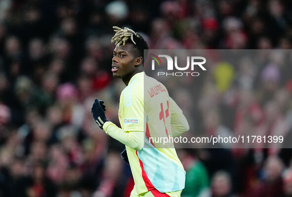 Nico Williams of Spain  looks on during the Nations League Round 5 match between Denmark against Spain at Parken, Copenhagen, Denmark on Nov...