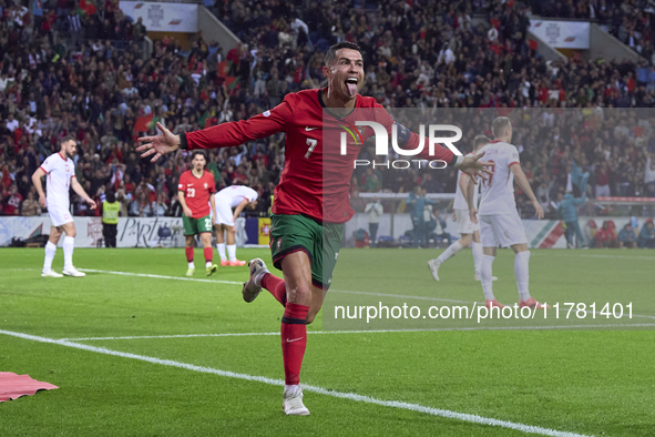 Cristiano Ronaldo of Portugal celebrates his goal during the UEFA Nations League 2024/25 League A Group A1 match between Portugal and Poland...