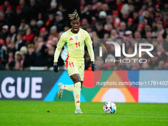 Nico Williams of Spain  controls the ball during the Nations League Round 5 match between Denmark against Spain at Parken, Copenhagen, Denma...