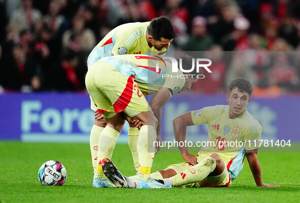 Martin Zubimendi of Spain  on the ground during the Nations League Round 5 match between Denmark against Spain at Parken, Copenhagen, Denmar...