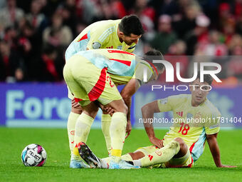 Martin Zubimendi of Spain  on the ground during the Nations League Round 5 match between Denmark against Spain at Parken, Copenhagen, Denmar...