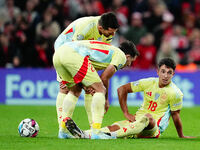 Martin Zubimendi of Spain  on the ground during the Nations League Round 5 match between Denmark against Spain at Parken, Copenhagen, Denmar...