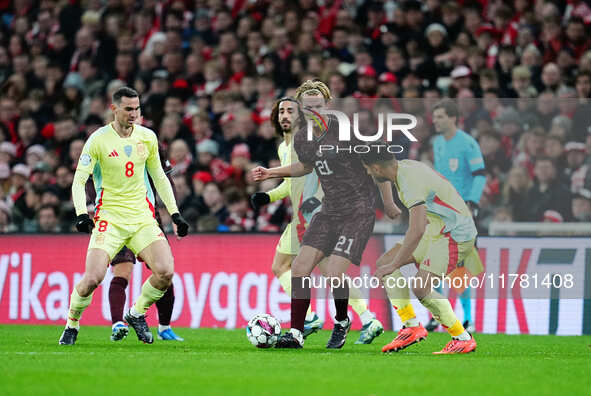 Morten Hjulmand of Denmark  controls the ball during the Nations League Round 5 match between Denmark against Spain at Parken, Copenhagen, D...