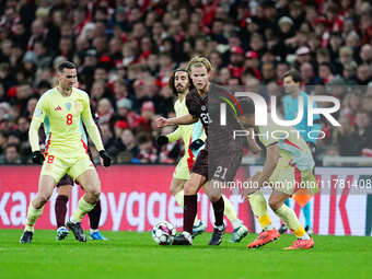 Morten Hjulmand of Denmark  controls the ball during the Nations League Round 5 match between Denmark against Spain at Parken, Copenhagen, D...