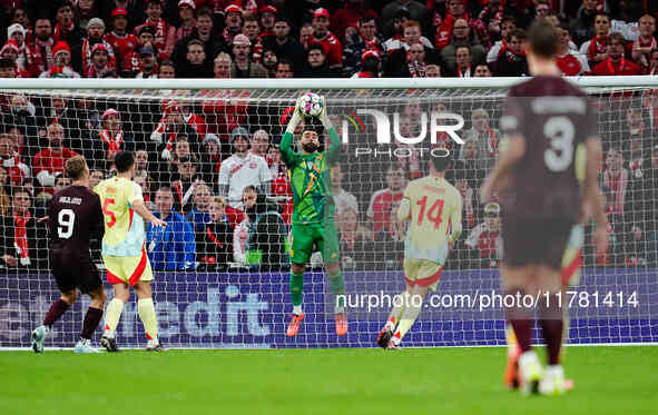 David Raya of Spain  controls the ball during the Nations League Round 5 match between Denmark against Spain at Parken, Copenhagen, Denmark...