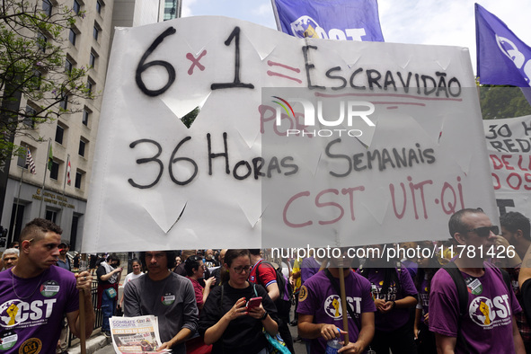 Labor activists demonstrate on Paulista Avenue in Sao Paulo, Brazil, on November 15, 2024 against the work schedule where workers have only...