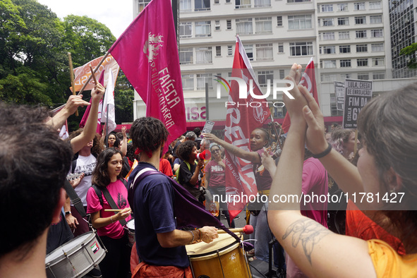 Labor activists demonstrate on Paulista Avenue in Sao Paulo, Brazil, on November 15, 2024 against the work schedule where workers have only...