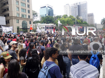 Labor activists demonstrate on Paulista Avenue in Sao Paulo, Brazil, on November 15, 2024 against the work schedule where workers have only...