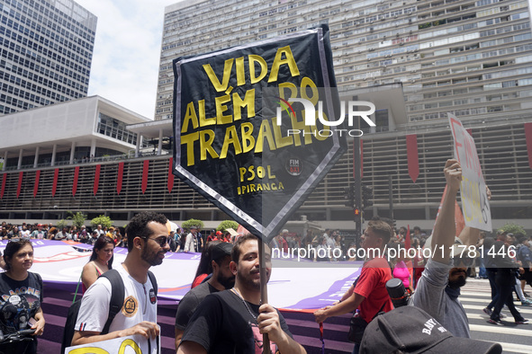 Labor activists demonstrate on Paulista Avenue in Sao Paulo, Brazil, on November 15, 2024 against the work schedule where workers have only...