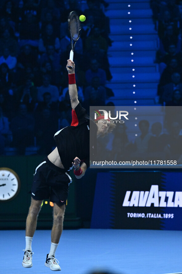 Andrey Rublev (RUS) plays during the Men's Singles match against Casper Ruud (NOR) on day six of the Nitto ATP finals 2024 at Inalpi Arena i...