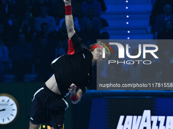 Andrey Rublev (RUS) plays during the Men's Singles match against Casper Ruud (NOR) on day six of the Nitto ATP finals 2024 at Inalpi Arena i...