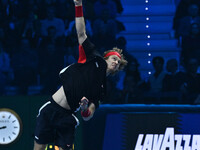 Andrey Rublev (RUS) plays during the Men's Singles match against Casper Ruud (NOR) on day six of the Nitto ATP finals 2024 at Inalpi Arena i...