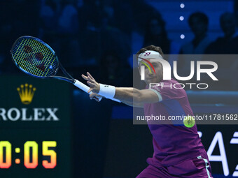 Casper Ruud (NOR) plays during the Men's Singles match against Andrey Rublev (RUS) on day six of the Nitto ATP finals 2024 at Inalpi Arena i...