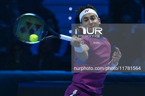 Casper Ruud (NOR) plays during the Men's Singles match against Andrey Rublev (RUS) on day six of the Nitto ATP finals 2024 at Inalpi Arena i...