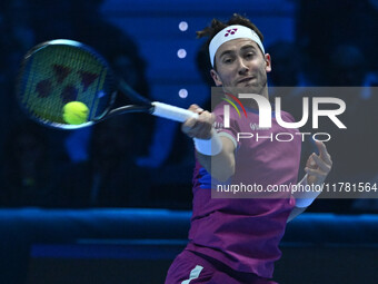 Casper Ruud (NOR) plays during the Men's Singles match against Andrey Rublev (RUS) on day six of the Nitto ATP finals 2024 at Inalpi Arena i...