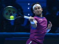 Casper Ruud (NOR) plays during the Men's Singles match against Andrey Rublev (RUS) on day six of the Nitto ATP finals 2024 at Inalpi Arena i...