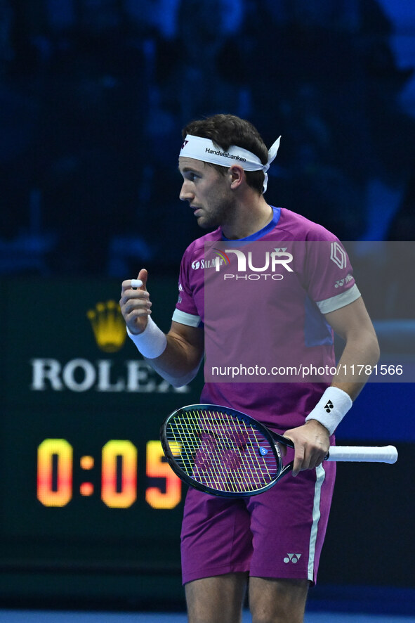 Casper Ruud (NOR) plays during the Men's Singles match against Andrey Rublev (RUS) on day six of the Nitto ATP finals 2024 at Inalpi Arena i...