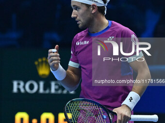 Casper Ruud (NOR) plays during the Men's Singles match against Andrey Rublev (RUS) on day six of the Nitto ATP finals 2024 at Inalpi Arena i...