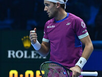 Casper Ruud (NOR) plays during the Men's Singles match against Andrey Rublev (RUS) on day six of the Nitto ATP finals 2024 at Inalpi Arena i...