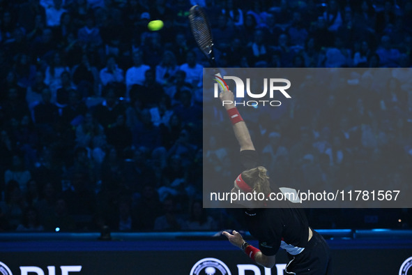 Andrey Rublev (RUS) plays during the Men's Singles match against Casper Ruud (NOR) on day six of the Nitto ATP finals 2024 at Inalpi Arena i...