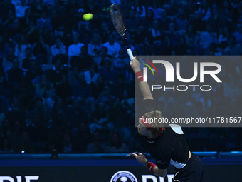 Andrey Rublev (RUS) plays during the Men's Singles match against Casper Ruud (NOR) on day six of the Nitto ATP finals 2024 at Inalpi Arena i...