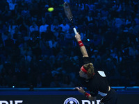 Andrey Rublev (RUS) plays during the Men's Singles match against Casper Ruud (NOR) on day six of the Nitto ATP finals 2024 at Inalpi Arena i...