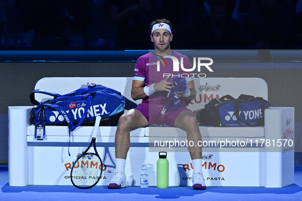 Casper Ruud (NOR) plays during the Men's Singles match against Andrey Rublev (RUS) on day six of the Nitto ATP finals 2024 at Inalpi Arena i...