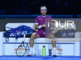 Casper Ruud (NOR) plays during the Men's Singles match against Andrey Rublev (RUS) on day six of the Nitto ATP finals 2024 at Inalpi Arena i...