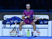 Casper Ruud (NOR) plays during the Men's Singles match against Andrey Rublev (RUS) on day six of the Nitto ATP finals 2024 at Inalpi Arena i...