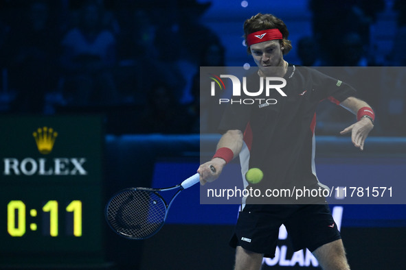 Andrey Rublev (RUS) plays during the Men's Singles match against Casper Ruud (NOR) on day six of the Nitto ATP finals 2024 at Inalpi Arena i...