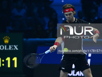 Andrey Rublev (RUS) plays during the Men's Singles match against Casper Ruud (NOR) on day six of the Nitto ATP finals 2024 at Inalpi Arena i...