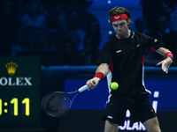 Andrey Rublev (RUS) plays during the Men's Singles match against Casper Ruud (NOR) on day six of the Nitto ATP finals 2024 at Inalpi Arena i...