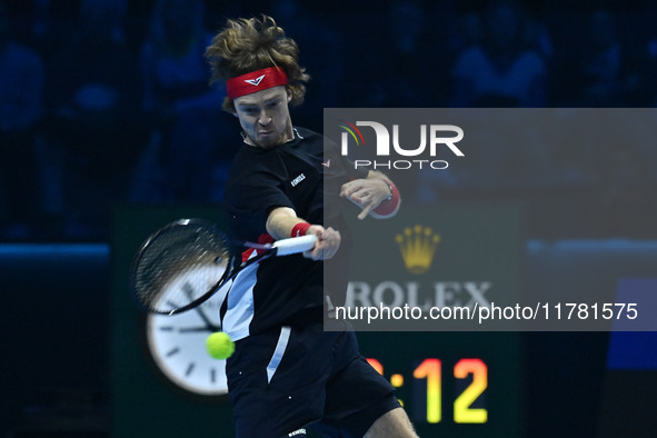 Andrey Rublev (RUS) plays during the Men's Singles match against Casper Ruud (NOR) on day six of the Nitto ATP finals 2024 at Inalpi Arena i...