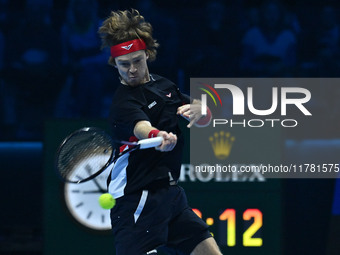 Andrey Rublev (RUS) plays during the Men's Singles match against Casper Ruud (NOR) on day six of the Nitto ATP finals 2024 at Inalpi Arena i...