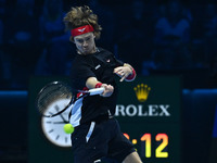 Andrey Rublev (RUS) plays during the Men's Singles match against Casper Ruud (NOR) on day six of the Nitto ATP finals 2024 at Inalpi Arena i...